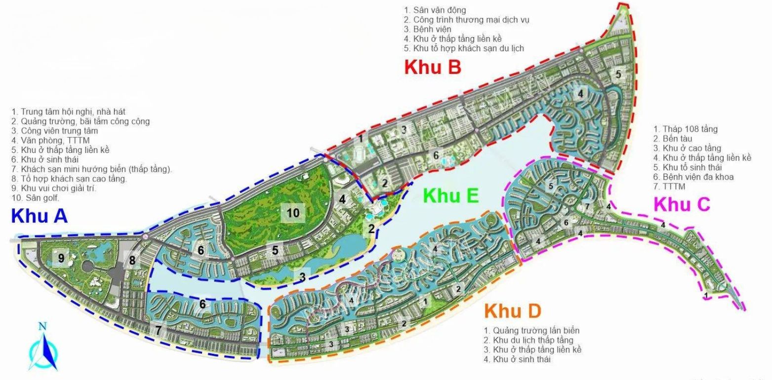 Bản đồ quy hoạch tổng thể Vinhomes Cần Giờ với 4 phân khu chức năng, giữ nguyên hệ sinh thái và mở rộng tuyến ven biển.