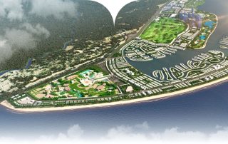 Phối cảnh tổng thể quy hoạch Vinhomes Cần Giờ 2.870 ha nhìn từ trên cao, bao quanh là rừng ngập mặn và biển.
