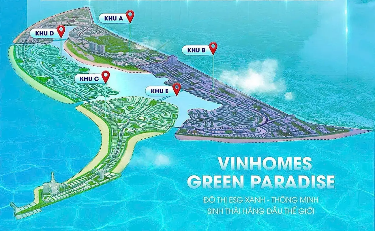 Bản đồ phân khu Vinhomes Green Paradise Cần Giờ, bao gồm Khu D – Trung tâm sinh thái và Khu E – Hồ biển nhân tạo.
