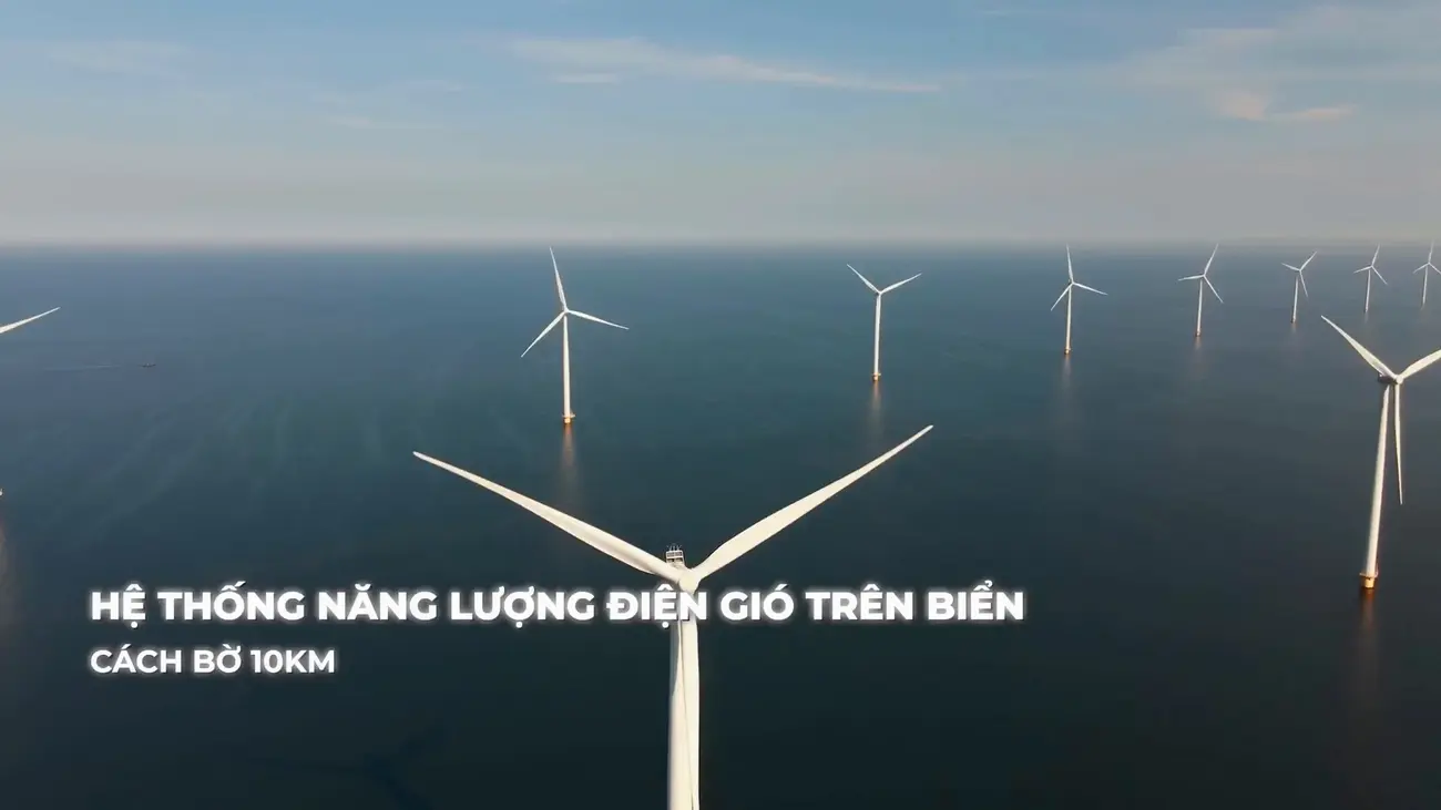 Hệ thống điện gió ngoài khơi Vinhomes Green Paradise Cần Giờ, biểu tượng năng lượng tái tạo và bền vững.