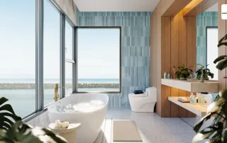 Phòng tắm hiện đại với tầm nhìn hướng biển tại căn hộ Vinhomes Cần Giờ Green Paradise.