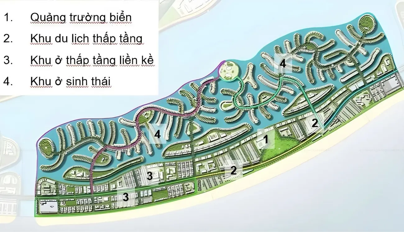 Sơ đồ quy hoạch phân khu The Grand Island Cần Giờ Vinhomes Green Paradise với các khu vực chức năng chính.