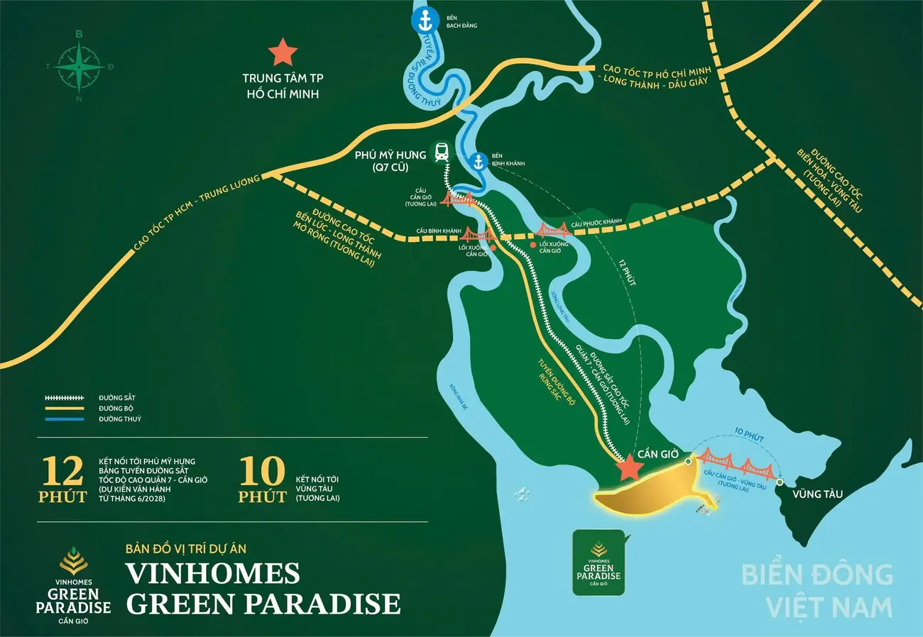 Bản đồ vị trí Vinhomes Green Paradise tại Cần Giờ, với các kết nối giao thông chiến lược tới TP.HCM và Vũng Tàu.