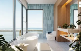 Không gian phòng tắm sang trọng với tầm nhìn ra biển tại Vinhomes Cần Giờ Green Paradise.