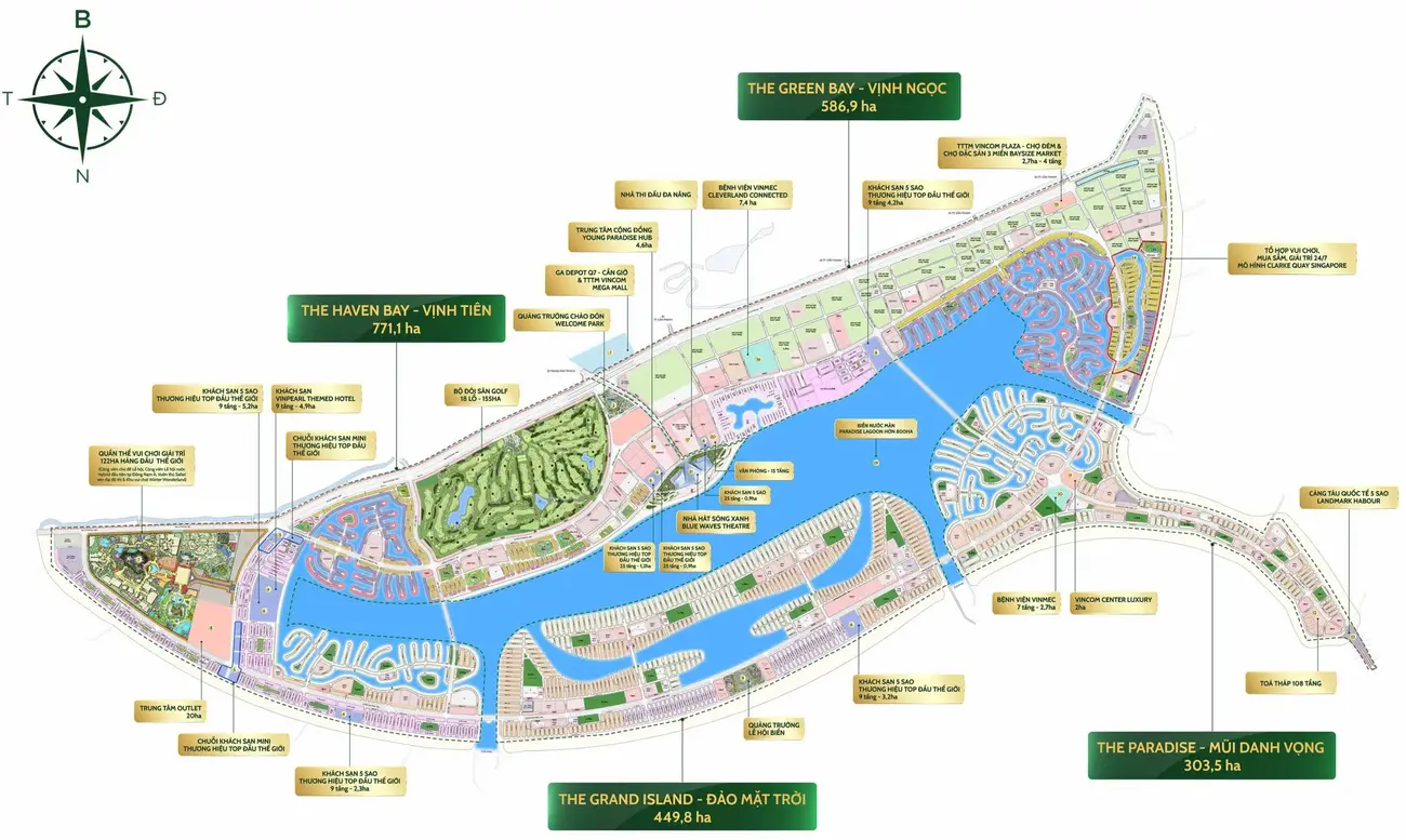 Quy hoạch tổng thể Vinhomes Green Paradise Cần Giờ với các phân khu The Green Bay, The Haven Bay, The Paradise và The Grand Island.
